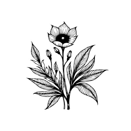 A black and white botanical illustration featuring a flower, leaves, and budding stems, rendered in a delicate line art style. The design conveys elegance and simplicity.のイラスト素材