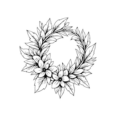 A beautifully detailed floral wreath with flowers and leaves. Perfect for adding a touch of elegance and nature to any design project.のイラスト素材