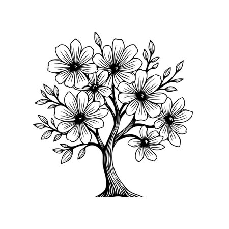 An elegant vector illustration of a blooming tree with intricate floral design. Perfect for botanical themes, vintage design, or artistic projects.のイラスト素材