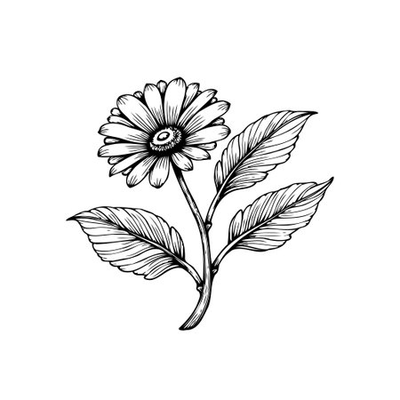 A detailed black and white botanical illustration of a chamomile flower with leaves. This artwork showcases the flower's delicate features with classic line work.のイラスト素材