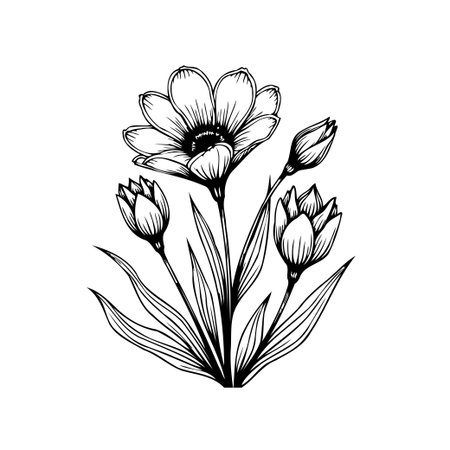 A beautifully detailed floral illustration features open blossoms and budding flowers. It showcases a classic, hand-drawn aesthetic with monochrome simplicity.のイラスト素材