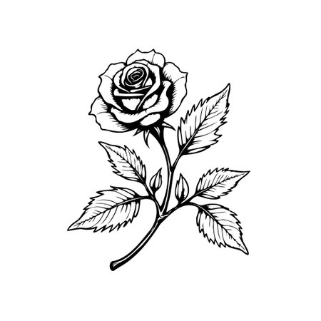 This is a black and white line art illustration of a rose, ideal for graphic designs, botanical studies, or decorative projects due to its elegant and timeless aesthetic.のイラスト素材
