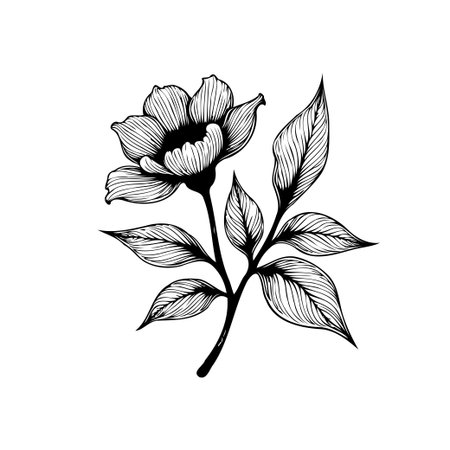 A detailed botanical illustration showcasing a flower and leaves. The black and white design adds a timeless quality. Ideal for artistic and decorative projects.のイラスト素材