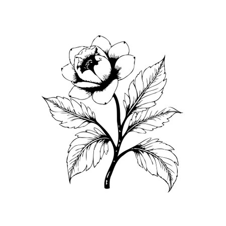 A delicate floral illustration showcases a blooming rose with meticulously detailed leaves and stem. This elegant design captures the beauty of nature in a timeless style.のイラスト素材
