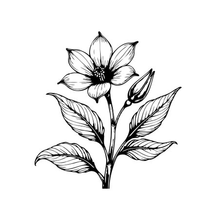 A detailed botanical illustration showcases a flowering plant with elegant petals and leaves. The intricate line work brings a touch of nature's beauty to any design.のイラスト素材