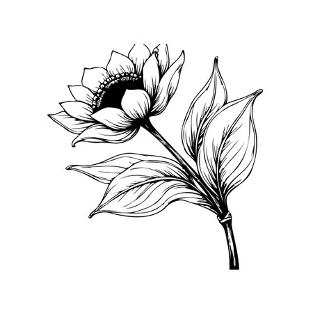 A detailed botanical illustration showcases a sunflower with carefully drawn petals and leaves. The monochromatic artwork exudes elegance and simplicity, making it suitable for various design projects.のイラスト素材