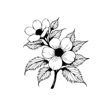 A detailed botanical illustration showcases blooming flowers and leaves. This black and white line art design is perfect for adding a touch of nature.のイラスト素材
