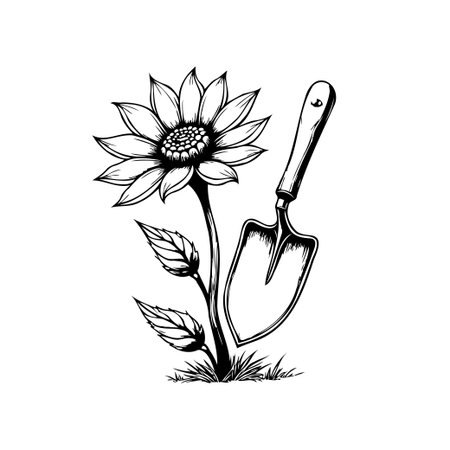 A black and white illustration features a blossoming sunflower alongside a gardening trowel, symbolizing gardening, nature, and the arrival of spring. The simple drawing is suitable for multiple applications.のイラスト素材