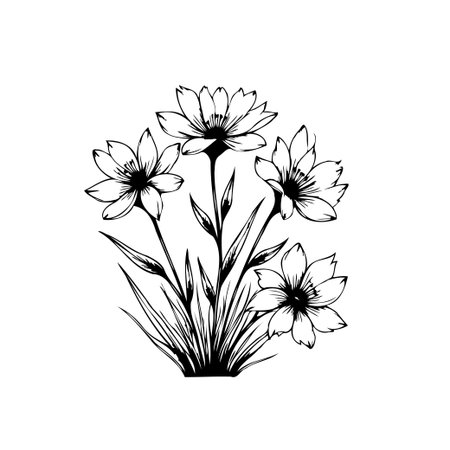 A beautiful, monochrome floral drawing perfect for adding an elegant touch to any design. The intricate details and delicate lines create a timeless look.のイラスト素材
