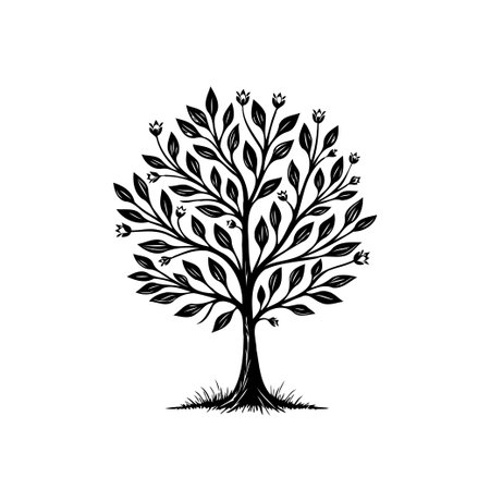 A minimalist silhouette of a tree with leaves and flowers, perfect for representing growth, nature, and organic designs. It adds an elegant touch to any project.のイラスト素材