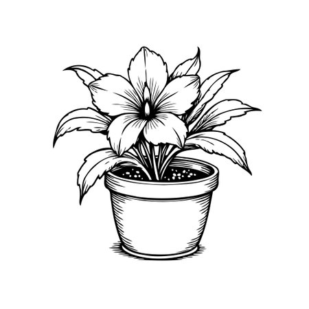 A monochrome botanical illustration of a potted flower, showcasing delicate petals and leaves. Perfect for adding a touch of natural elegance to any project.のイラスト素材