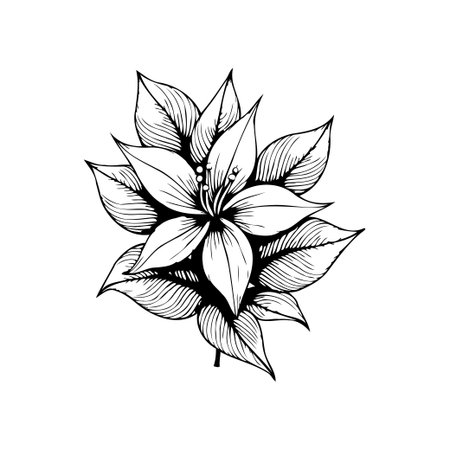 Elegant black and white floral illustration showcases a delicate lily in full bloom. The botanical drawing captures the intricate details of the flower and leaves with graceful linework.のイラスト素材