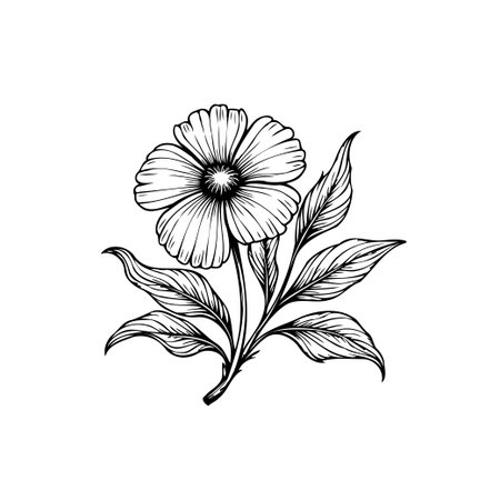 A beautiful, detailed monochrome illustration of a single flower with leaves. Its elegant simplicity makes it perfect for vintage-inspired design and artistic projects.のイラスト素材