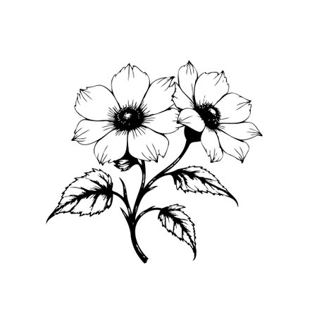 Elegant black and white botanical illustration showcasing delicate flowers and leaves. Ideal for adding a touch of nature and artistic flair to various design projects.のイラスト素材
