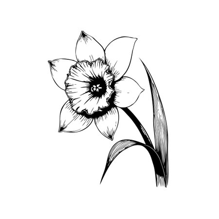 Elegant daffodil illustration. The black and white drawing shows a detailed floral design, capturing the flower's delicate beauty. Ideal for various creative applications.のイラスト素材