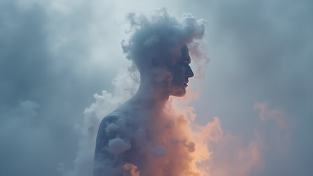 A surreal portrait captures a man merged with clouds, evoking a dreamy, ethereal atmosphere. This visual represents the deep connection between humanity and the boundless sky.の素材