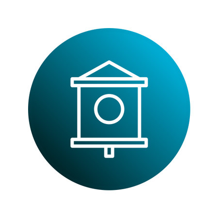 A minimalist birdhouse icon on a gradient blue circle. Ideal for nature-themed graphics and simple dwelling representations.のイラスト素材