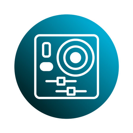 Icon of camera equipment design with blue circle background. Depicting professional photography and...