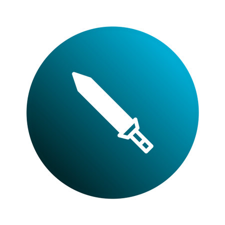 A stylized white sword illustration set against a blue circular background. The icon is clean, modern, and suitable for various digital applications.のイラスト素材