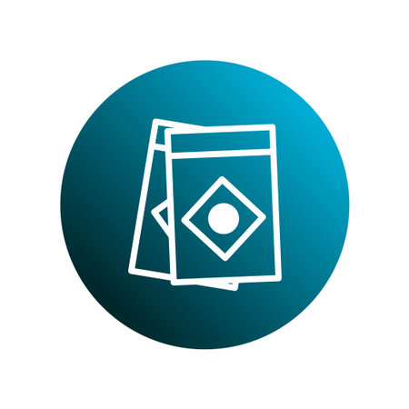 An abstract illustration showcases two white packets with diamond shaped emblems, set against a gradient blue circle background, for a clean and modern look.のイラスト素材