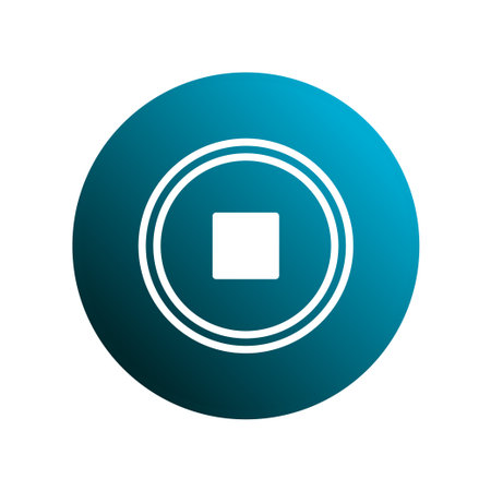 A teal circle with a white border contains a white square, symbolizing the stop function or button...
