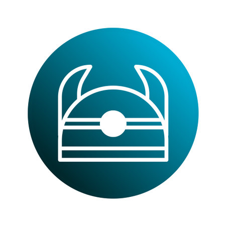 An illustration of a Viking helmet, complete with horns, set against a vibrant blue gradient circle background. Ideal for nordic themes and designs.のイラスト素材