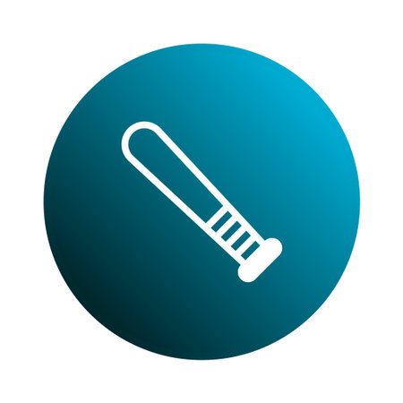 A baseball bat white icon inside a blue circle represents sports activities and equipment design for...