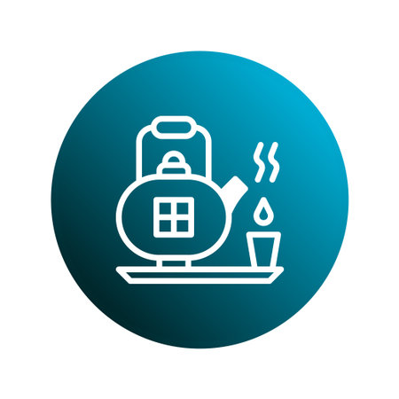 A minimalist illustration shows a teapot with steam and a cup on a tray, inside a gradient blue circle. Ideal for design elements.のイラスト素材