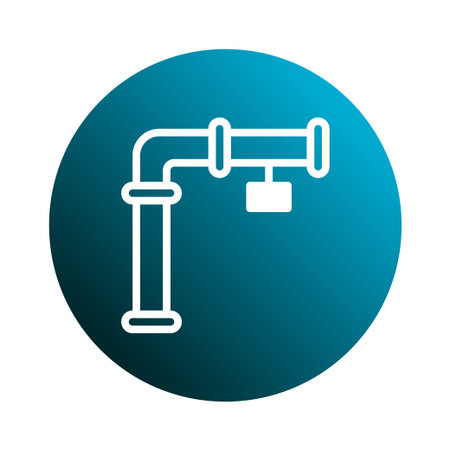 The image shows a plumbing system icon in white against a gradient blue circle. The illustration represents an industrial pipe connection or installation concept.のイラスト素材