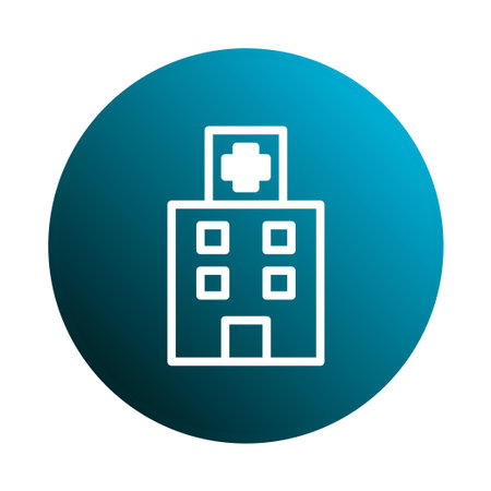 A minimalist icon of a hospital building, rendered in white outline, set against a round blue gradient background, symbolizing healthcare services.のイラスト素材