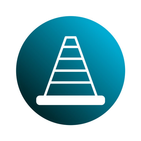 A minimalist icon of a traffic cone on a gradient blue circle, symbolizing caution, safety, and temporary barriers in road work and construction zones.のイラスト素材