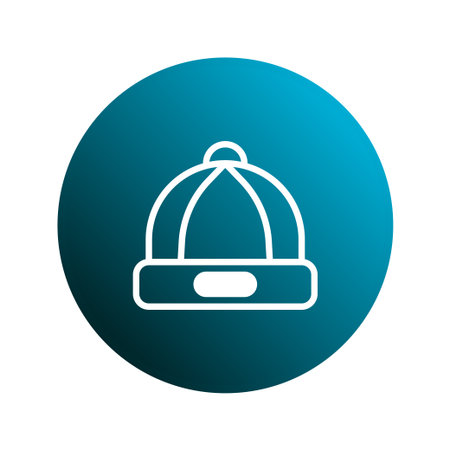 A minimalist vector illustration of a winter hat icon, rendered in a clean, outlined style. Set against a gradient blue circle, the design offers modern appealのイラスト素材