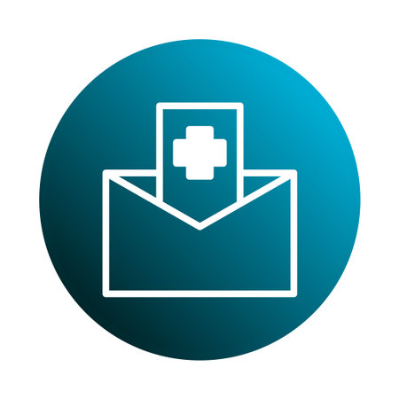 A medical icon illustration depicting healthcare communication for telemedicine and patient correspondence. The icon features a white cross on a document emerging from an envelope, set against a blue circular background.のイラスト素材