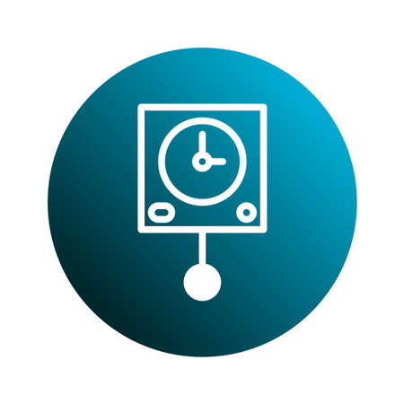 This image is a clean illustration of a clock icon inside a blue circle. The clock, with its square frame and pendulum, symbolizes time management and punctuality.のイラスト素材