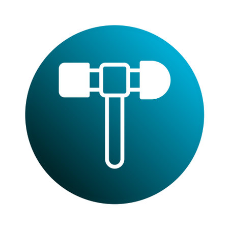 A simple vector illustration of a white hammer icon on a blue circular background, representing construction, repair, or engineering services.のイラスト素材