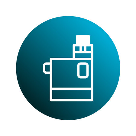 A clean, minimalist illustration of an electronic cigarette icon set against a blue gradient circle,...