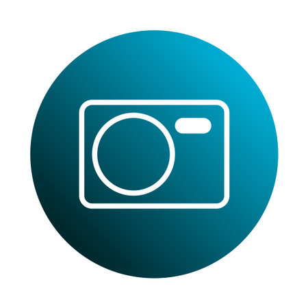A minimalist digital camera icon features a circular lens, set against a gradient blue background,...