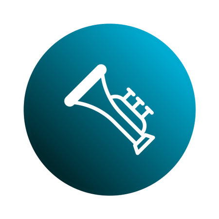 A white trumpet icon on a blue circle. Ideal for use in music related projects, graphic design, and...