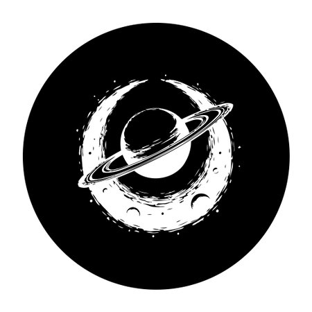A black and white illustrative design featuring Saturn encompassed by a textured moon. The image evokes themes of space, astronomy, and celestial beauty.のイラスト素材
