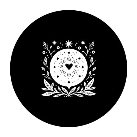 A captivating emblem featuring a heart center, surrounded by celestial elements and botanical illustrations, on a contrasting black background, perfect for magical themes.のイラスト素材