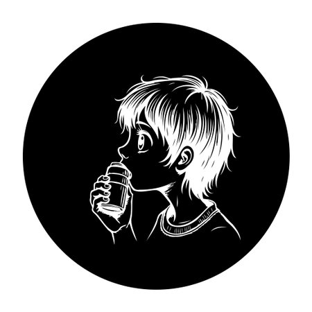 Minimalist vector illustration of a young boy drinking from a cup. The artwork features a simple design with clean lines and a monochrome color palette, perfect for creative projects.のイラスト素材