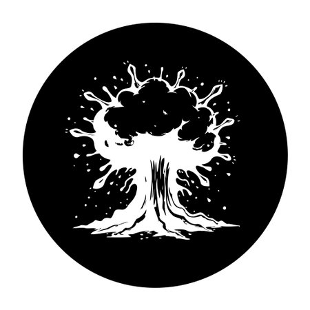 This abstract illustration features a white tree on a black background, rendered in a unique, splattered style. The design is a blend of natural and artistic elements.のイラスト素材