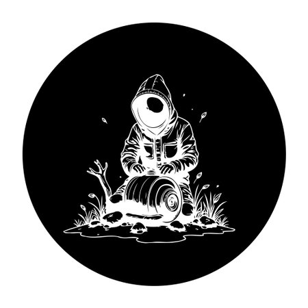 A hooded figure with a helmet sits on an object in a dark and mysterious setting. The illustration is vector-based, displaying a creative and futuristic vibe.のイラスト素材