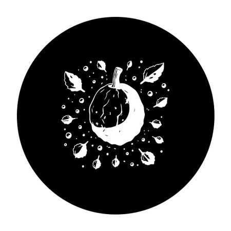 A minimalistic emblem design featuring a white pumpkin with leaves on a black circle background. Ideal for autumn, Halloween, or Thanksgiving themes.のイラスト素材