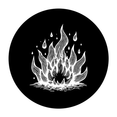 Engraved fire graphic illustration on a black circle backdrop. This drawing depicts flames in an engraving style, creating a striking contrast between white and black.のイラスト素材