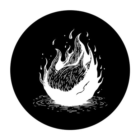 This captivating illustration features a monochrome fire reflected in water. The artwork masterfully captures the intensity of the burning flame, showcasing its raw energy and mesmerizing design, with a strong contrast between dark and light.のイラスト素材