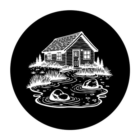 This monochrome illustration showcases a cozy cabin retreat nestled by a serene water feature. The image evokes a sense of tranquility and the beauty of nature.のイラスト素材