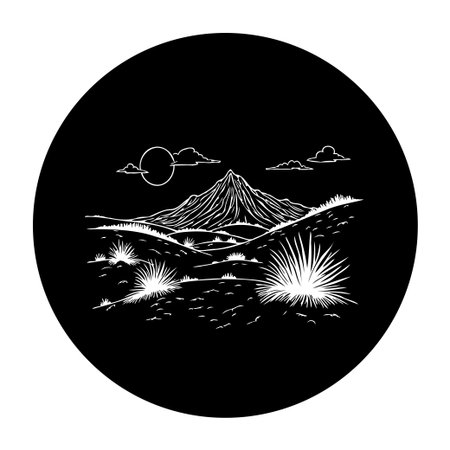 A minimalistic illustration showcasing a mountain range in a desert landscape. The black background emphasizes the white outlines of the mountain, plants, and sky, creating a tranquil and artistic atmosphere.のイラスト素材