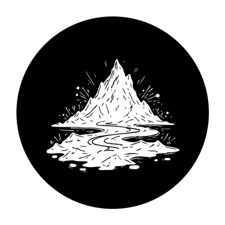 A minimalist black and white illustration showcasing a majestic mountain peak with a flowing river. Ideal for designs related to nature and travel.のイラスト素材
