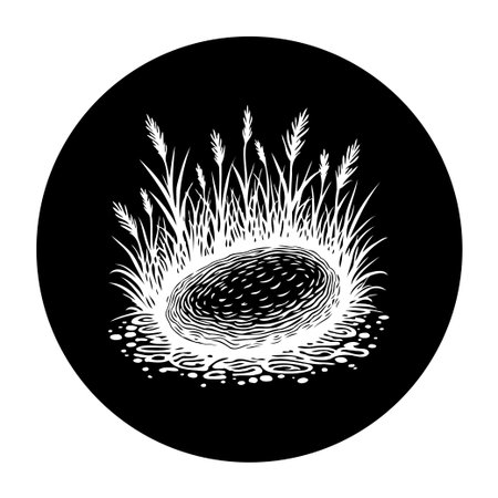 A minimalist black and white illustration showcases a small pond encircled by tall grass. The artwork conveys a sense of tranquility and natural beauty.のイラスト素材